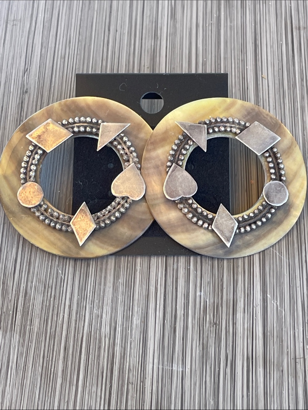 Round Mother of Pearl Earrings with Sterling Silver Geometric Accents